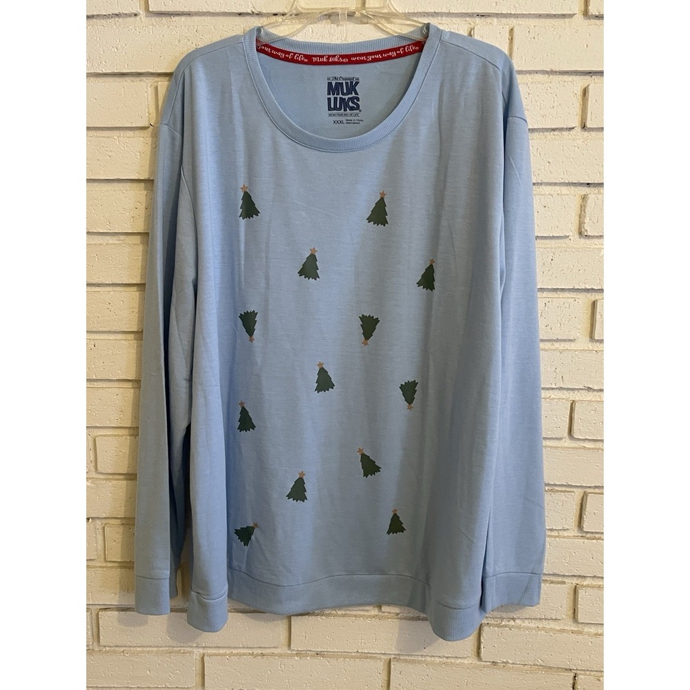 Muk Luks Women's Top Sz XXXL French Terry Holiday Party Blue w/X-mas Trees‎